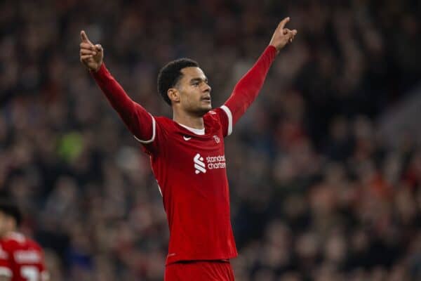 LIVERPOOL, ENGLAND - Wednesday, February 21, 2024: Liverpool's Cody Gakpo celebrates after scoring the second goal during the FA Premier League match between Liverpool FC and Luton Town FC at Anfield. (Photo by David Rawcliffe/Propaganda)