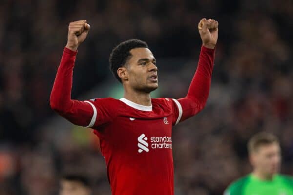 LIVERPOOL, ENGLAND - Wednesday, February 21, 2024: Liverpool's Cody Gakpo celebrates after scoring the second goal during the FA Premier League match between Liverpool FC and Luton Town FC at Anfield. (Photo by David Rawcliffe/Propaganda)