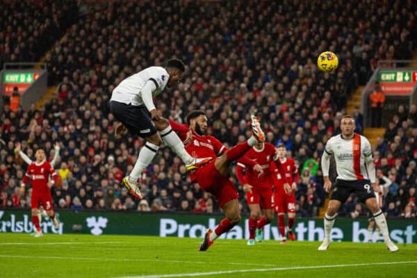LIVERPOOL, ENGLAND - Wednesday, February 21, 2024: Luton Town's Chiedozie Ogbene scores the first goal during the FA Premier League match between Liverpool FC and Luton Town FC at Anfield. (Photo by David Rawcliffe/Propaganda)