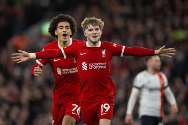 LIVERPOOL, ENGLAND - Wednesday, February 21, 2024: Liverpool's Harvey Elliott celebrates after scoring the fourth goal during the FA Premier League match between Liverpool FC and Luton Town FC at Anfield. (Photo by David Rawcliffe/Propaganda)