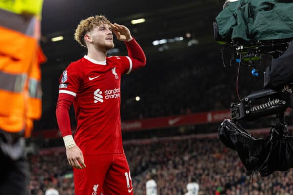 LIVERPOOL, ENGLAND - Wednesday, February 21, 2024: Liverpool's Harvey Elliott celebrates after scoring the fourth goal during the FA Premier League match between Liverpool FC and Luton Town FC at Anfield. (Photo by David Rawcliffe/Propaganda)