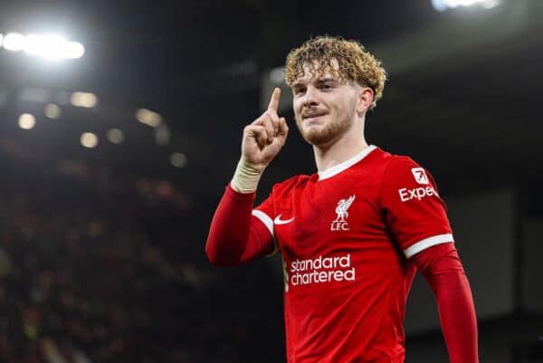  Liverpool's Harvey Elliott celebrates after scoring the fourth goal during the FA Premier League match between Liverpool FC and Luton Town FC at Anfield. (Photo by David Rawcliffe/Propaganda)