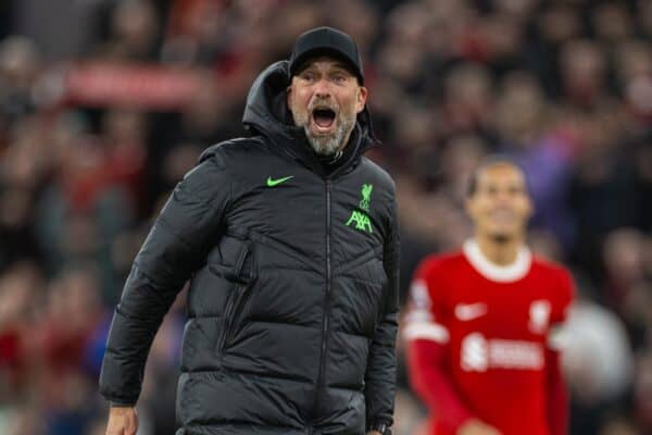 LIVERPOOL, ENGLAND - Wednesday, February 21, 2024: Liverpool's manager Jürgen Klopp celebrates after during the FA Premier League match between Liverpool FC and Luton Town FC at Anfield. Liverpool won 4-1. (Photo by David Rawcliffe/Propaganda)