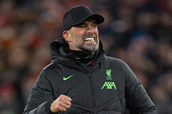 LIVERPOOL, ENGLAND - Wednesday, February 21, 2024: Liverpool's manager Jürgen Klopp celebrates after during the FA Premier League match between Liverpool FC and Luton Town FC at Anfield. Liverpool won 4-1. (Photo by David Rawcliffe/Propaganda)