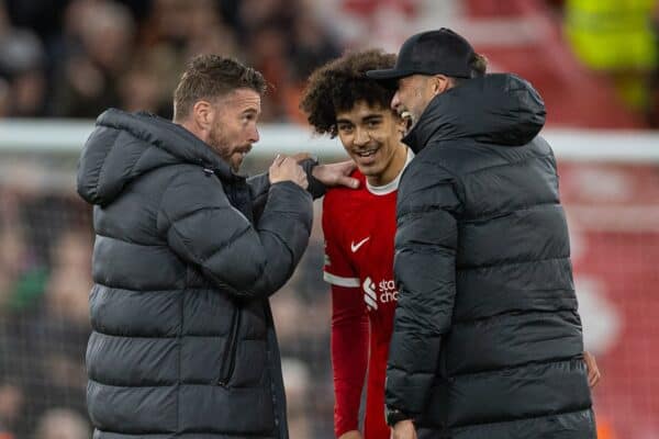 LIVERPOOL, ENGLAND - Wednesday, February 21, 2024: Luton Town's manager Rob Edwards speaks with Liverpool's Jaden Danns and manager Jürgen Klopp during the FA Premier League match between Liverpool FC and Luton Town FC at Anfield. (Photo by David Rawcliffe/Propaganda)