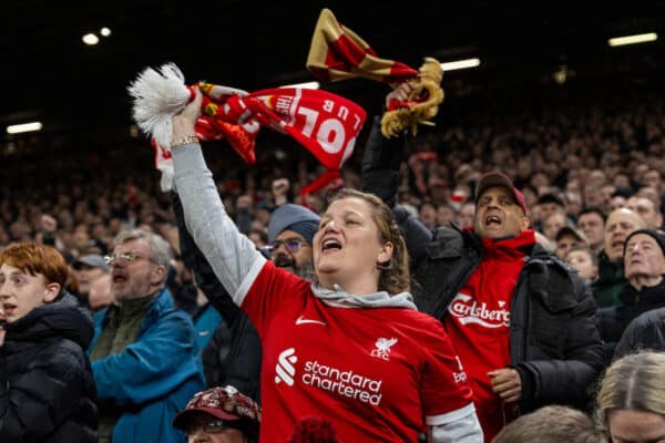 LIVERPOOL, ENGLAND - Wednesday, February 21, 2024: Liverpool supporters celebrate during the FA Premier League match between Liverpool FC and Luton Town FC at Anfield. (Photo by David Rawcliffe/Propaganda)