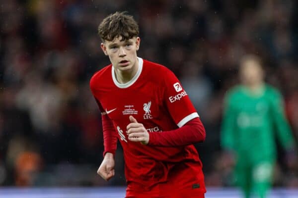 LONDON, ENGLAND - Sunday, February 25, 2024: Liverpool's James McConnell during the Football League Cup Final match between Chelsea FC and Liverpool FC at Wembley Stadium. (Photo by David Rawcliffe/Propaganda)