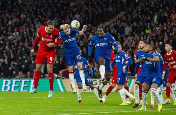 LONDON, ENGLAND - Sunday, February 25, 2024: Liverpool's captain Virgil van Dijk scores the winning goal in extra time during the Football League Cup Final match between Chelsea FC and Liverpool FC at Wembley Stadium. (Photo by David Rawcliffe/Propaganda)