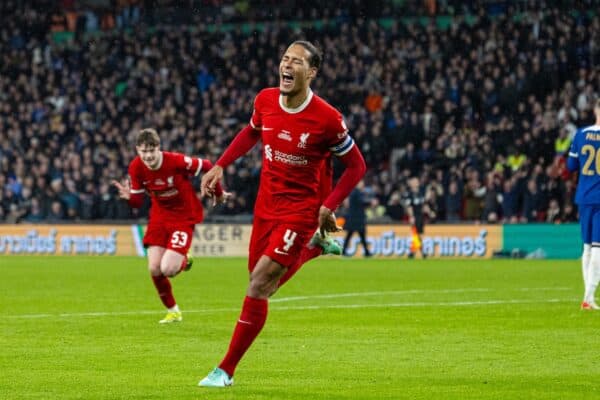 LONDON, ENGLAND - Sunday, February 25, 2024: Liverpool's captain Virgil van Dijk celebrates after scoring the winning goal in extra time during the Football League Cup Final match between Chelsea FC and Liverpool FC at Wembley Stadium. (Photo by David Rawcliffe/Propaganda)