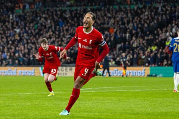 LONDON, ENGLAND - Sunday, February 25, 2024: Liverpool's captain Virgil van Dijk celebrates after scoring the winning goal in extra time during the Football League Cup Final match between Chelsea FC and Liverpool FC at Wembley Stadium. (Photo by David Rawcliffe/Propaganda)