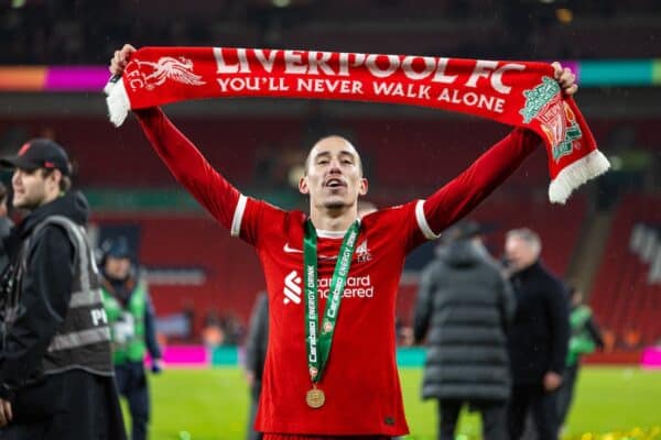 LONDON, ENGLAND - Sunday, February 25, 2024: Liverpool's Kostas Tsimikas celebrates after the Football League Cup Final match between Chelsea FC and Liverpool FC at Wembley Stadium. Liverpool won 1-0 after extra-time. (Photo by David Rawcliffe/Propaganda)