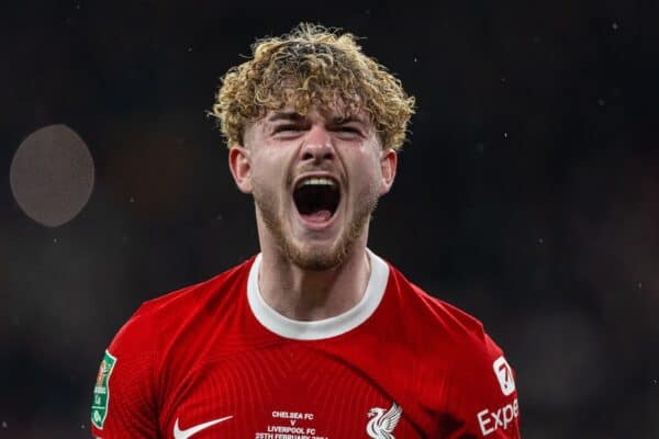  Liverpool's Harvey Elliott celebrates his side's winning goal in extra-time, to win the Cup, during the Football League Cup Final match between Chelsea FC and Liverpool FC at Wembley Stadium. Liverpool won 1-0 after extra-time. (Photo by David Rawcliffe/Propaganda)