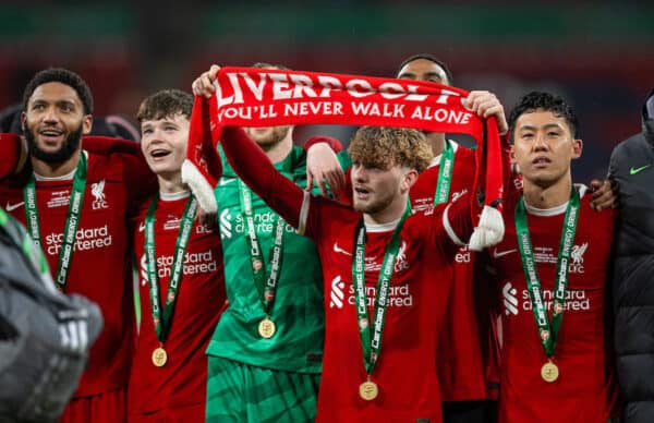 LONDON, ENGLAND - Sunday, February 25, 2024: Liverpool's Harvey Elliott celebrates after the Football League Cup Final match between Chelsea FC and Liverpool FC at Wembley Stadium. Liverpool won 1-0 after extra-time. (Photo by David Rawcliffe/Propaganda)