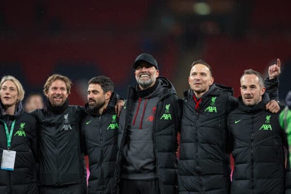 LONDON, ENGLAND - Sunday, February 25, 2024: Liverpool's Andreas Kornmayer, Vitor Matos, Jürgen Klopp, Pepijn Lijnders, Jack Robinson celebrate after the Football League Cup Final match between Chelsea FC and Liverpool FC at Wembley Stadium. Liverpool won 1-0 after extra-time. (Photo by David Rawcliffe/Propaganda)