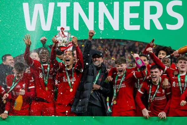 LONDON, ENGLAND - Sunday, February 25, 2024: Liverpool's goal-scorer and man-of-the-match captain Virgil van Dijk lifts the trophy after the Football League Cup Final match between Chelsea FC and Liverpool FC at Wembley Stadium. Liverpool won 1-0 after extra-time. (Photo by David Rawcliffe/Propaganda)