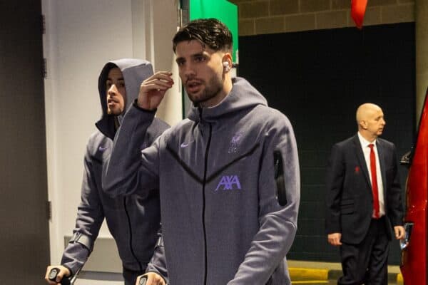 LONDON, ENGLAND - Sunday, February 25, 2024: Liverpool's Dominik Szoboszlai (R) and Curtis Jones arrive before the Football League Cup Final match between Chelsea FC and Liverpool FC at Wembley Stadium. (Photo by David Rawcliffe/Propaganda)