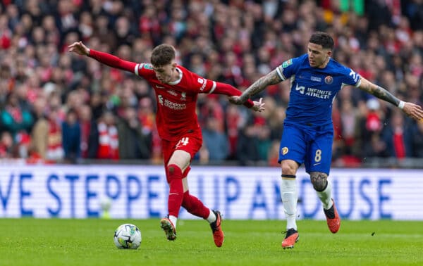 LONDON, ENGLAND - Sunday, February 25, 2024: Liverpool's Conor Bradley (L) icb' Chelsea's Enzo Fernández during the Football League Cup Final match between Chelsea FC and Liverpool FC at Wembley Stadium. (Photo by David Rawcliffe/Propaganda)