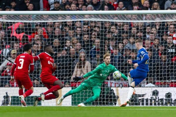 LONDON, ENGLAND - Sunday, February 25, 2024: Liverpool's goalkeeper Caoimhin Kelleher makes a save during the Football League Cup Final match between Chelsea FC and Liverpool FC at Wembley Stadium. (Photo by David Rawcliffe/Propaganda)