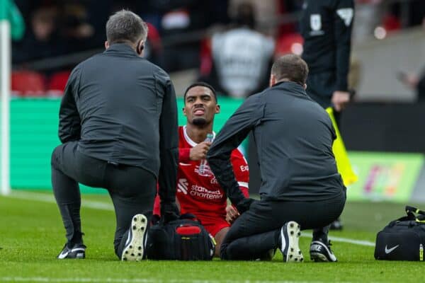 LONDON, ENGLAND - Sunday, February 25, 2024: Liverpool's Ryan Gravenberch is treated for an injury during the Football League Cup Final match between Chelsea FC and Liverpool FC at Wembley Stadium. (Photo by David Rawcliffe/Propaganda)