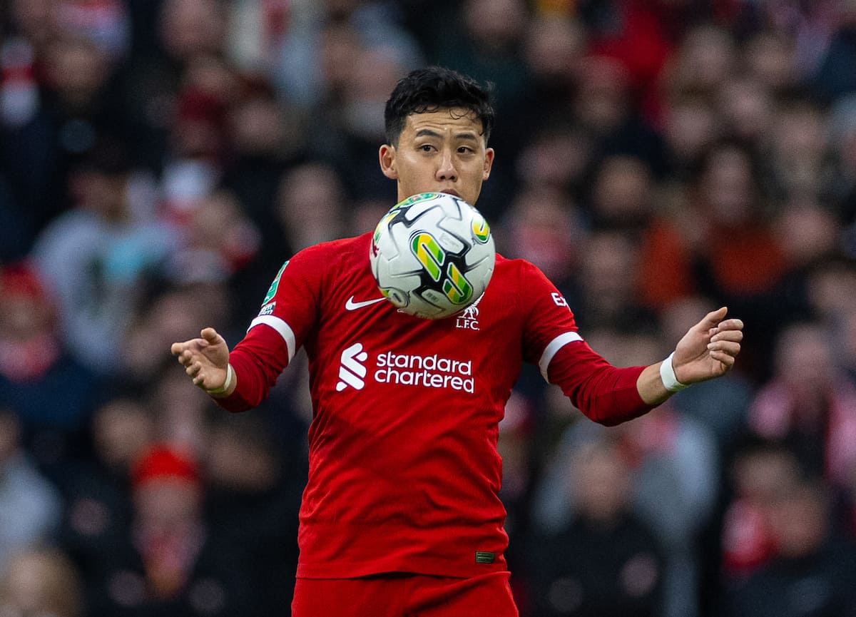 LONDON, ENGLAND - Sunday, February 25, 2024: Liverpool's Wataru End? during the Football League Cup Final match between Chelsea FC and Liverpool FC at Wembley Stadium. (Photo by David Rawcliffe/Propaganda)