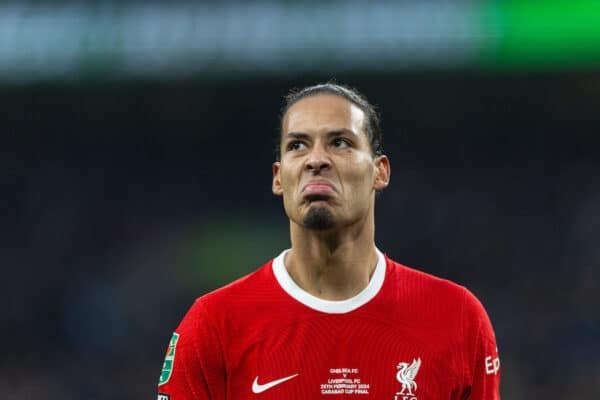 LONDON, ENGLAND - Sunday, February 25, 2024: Liverpool's captain Virgil van Dijk reacts during the Football League Cup Final match between Chelsea FC and Liverpool FC at Wembley Stadium. (Photo by David Rawcliffe/Propaganda)