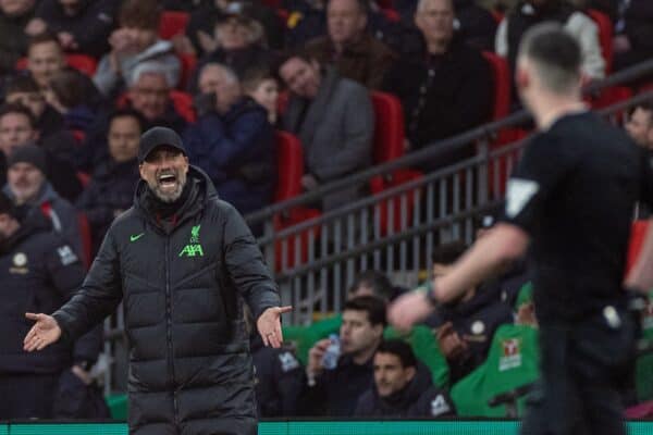 LONDON, ENGLAND - Sunday, February 25, 2024: Liverpool's manager Jürgen Klopp reacts during the Football League Cup Final match between Chelsea FC and Liverpool FC at Wembley Stadium. (Photo by David Rawcliffe/Propaganda)