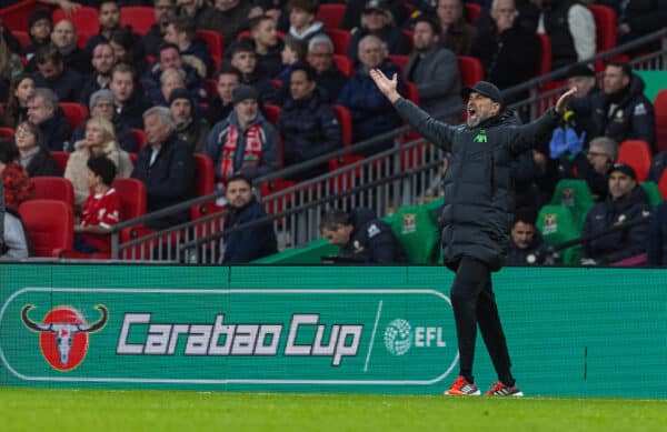 LONDON, ENGLAND - Sunday, February 25, 2024: Liverpool's manager Jürgen Klopp reacts during the Football League Cup Final match between Chelsea FC and Liverpool FC at Wembley Stadium. (Photo by David Rawcliffe/Propaganda)