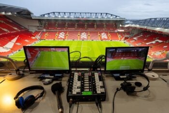 LIVERPOOL, ENGLAND - Wednesday, February 28, 2024: A general view from a broadcast position seen ahead of the FA Cup 5th Round match between Liverpool FC and Southampton FC at Anfield. TV. Camera (Photo by David Rawcliffe/Propaganda) Football – FA Cup – 5th Round – Liverpool FC v Southampton FC