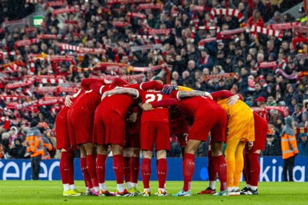 LIVERPOOL, ENGLAND - Wednesday, February 28, 2024: Liverpool players form a pre-match huddle before the FA Cup 5th Round match between Liverpool FC and Southampton FC at Anfield. (Photo by David Rawcliffe/Propaganda)