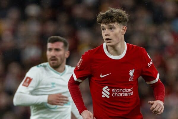 LIVERPOOL, ENGLAND - Wednesday, February 28, 2024: Liverpool's James McConnell during the FA Cup 5th Round match between Liverpool FC and Southampton FC at Anfield. (Photo by David Rawcliffe/Propaganda)