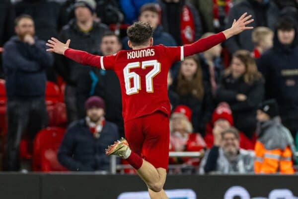 LIVERPOOL, ENGLAND - Wednesday, February 28, 2024: Liverpool's Lewis Koumas celebrates after scoring the first goal on his debut during the FA Cup 5th Round match between Liverpool FC and Southampton FC at Anfield. (Photo by David Rawcliffe/Propaganda)