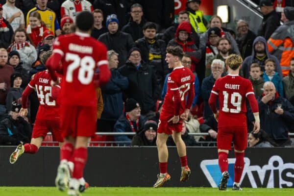 LIVERPOOL, ENGLAND - Wednesday, February 28, 2024: Liverpool's Lewis Koumas celebrates after scoring the first goal on his debut during the FA Cup 5th Round match between Liverpool FC and Southampton FC at Anfield. (Photo by David Rawcliffe/Propaganda)