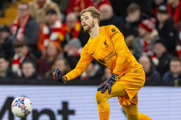 LIVERPOOL, ENGLAND - Wednesday, February 28, 2024: Liverpool's goalkeeper Caoimhin Kelleher during the FA Cup 5th Round match between Liverpool FC and Southampton FC at Anfield. (Photo by David Rawcliffe/Propaganda)