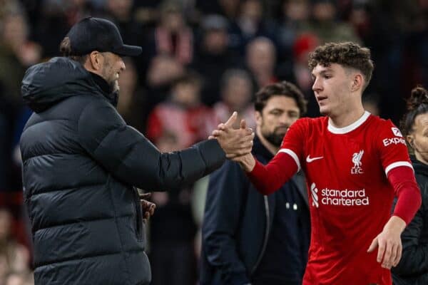 LIVERPOOL, ENGLAND - Wednesday, February 28, 2024: Liverpool's goal-scorer Lewis Koumas embraces manager Jürgen Klopp as he is substituted during the FA Cup 5th Round match between Liverpool FC and Southampton FC at Anfield. (Photo by David Rawcliffe/Propaganda)