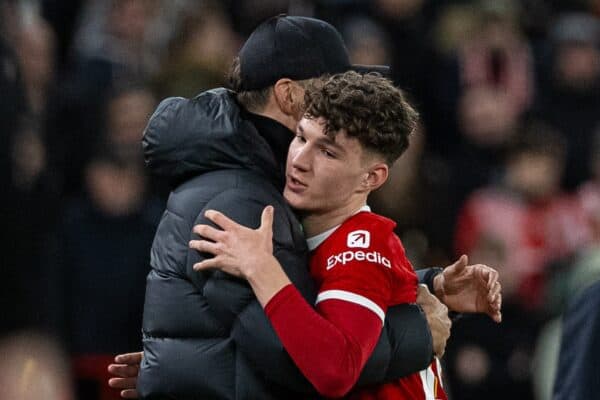 LIVERPOOL, ENGLAND - Wednesday, February 28, 2024: Liverpool's goal-scorer Lewis Koumas embraces manager Jürgen Klopp as he is substituted during the FA Cup 5th Round match between Liverpool FC and Southampton FC at Anfield. (Photo by David Rawcliffe/Propaganda)