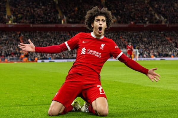 LIVERPOOL, ENGLAND - Wednesday, February 28, 2024: Liverpool's Jayden Danns celebrates after scoring the second goal during the FA Cup 5th Round match between Liverpool FC and Southampton FC at Anfield. (Photo by David Rawcliffe/Propaganda)