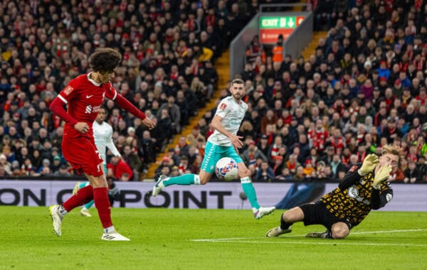 LIVERPOOL, ENGLAND - Wednesday, February 28, 2024: Liverpool's Jayden Danns scores the second goal during the FA Cup 5th Round match between Liverpool FC and Southampton FC at Anfield. (Photo by David Rawcliffe/Propaganda)