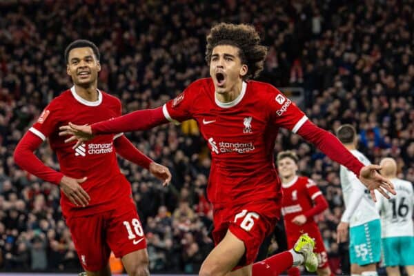 LIVERPOOL, ENGLAND - Wednesday, February 28, 2024: Liverpool's Jayden Danns celebrates after scoring the second goal during the FA Cup 5th Round match between Liverpool FC and Southampton FC at Anfield. (Photo by David Rawcliffe/Propaganda)