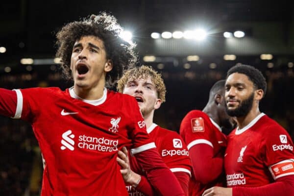 LIVERPOOL, ENGLAND - Wednesday, February 28, 2024: Liverpool's Jayden Danns celebrates after scoring the second goal during the FA Cup 5th Round match between Liverpool FC and Southampton FC at Anfield. (Photo by David Rawcliffe/Propaganda)