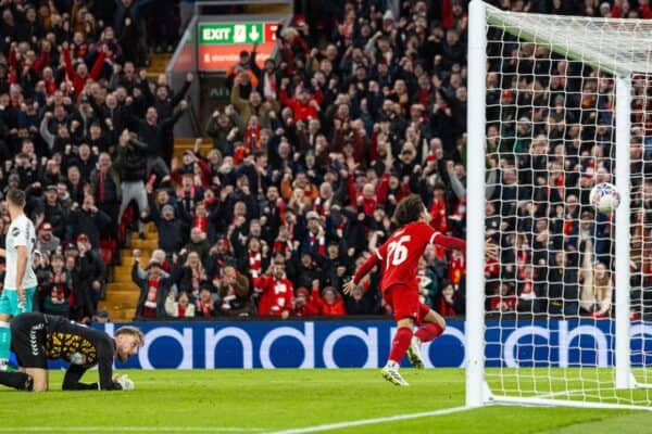 LIVERPOOL, ENGLAND - Wednesday, February 28, 2024: Liverpool's Jayden Danns celebrates after scoring the second goal during the FA Cup 5th Round match between Liverpool FC and Southampton FC at Anfield. (Photo by David Rawcliffe/Propaganda)