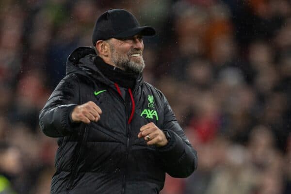 LIVERPOOL, ENGLAND - Wednesday, February 28, 2024: Liverpool's manager Jürgen Klopp celebrates his side's 3-0 victory during the FA Cup 5th Round match between Liverpool FC and Southampton FC at Anfield. (Photo by David Rawcliffe/Propaganda)