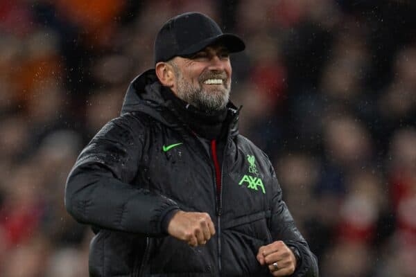 LIVERPOOL, ENGLAND - Wednesday, February 28, 2024: Liverpool's manager Jürgen Klopp celebrates his side's 3-0 victory during the FA Cup 5th Round match between Liverpool FC and Southampton FC at Anfield. (Photo by David Rawcliffe/Propaganda)