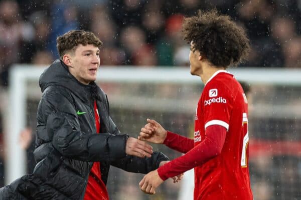 LIVERPOOL, ENGLAND - Wednesday, February 28, 2024: Liverpool's goal-scorers Lewis Koumas (L) and Jayden Danns celebrate after the FA Cup 5th Round match between Liverpool FC and Southampton FC at Anfield. (Photo by David Rawcliffe/Propaganda)