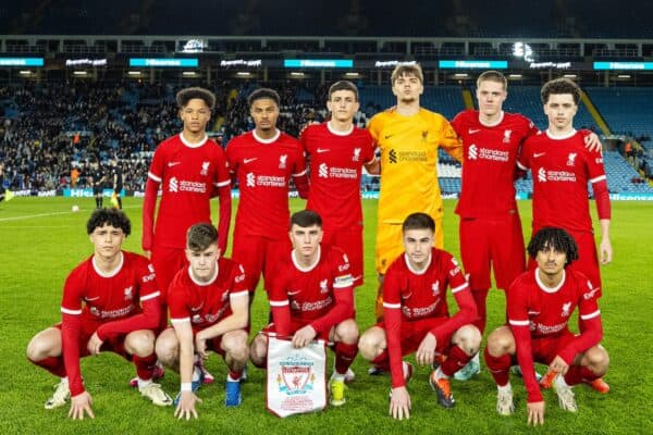 LEEDS, ENGLAND - Thursday, February 29, 2024: Liverpool players line-up for a team group photograph before the FA Youth Cup 5th Round match between Leeds United FC Under-18's and Liverpool FC Under-18's at Elland Road. (Photo by David Rawcliffe/Propaganda)