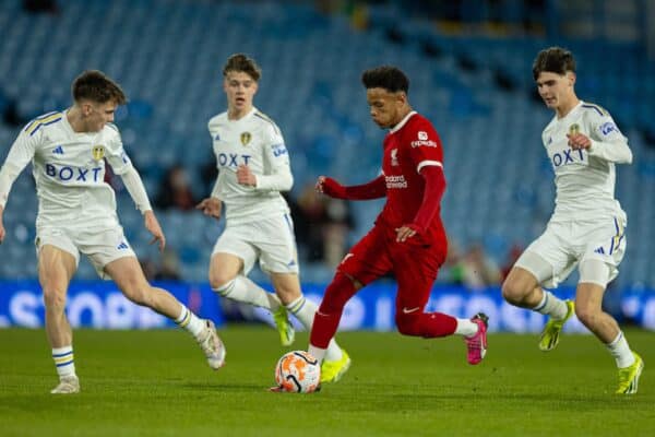 LEEDS, ENGLAND - Thursday, February 29, 2024: Liverpool's Trent Kone-Doherty takes on three Leeds United defenders during the FA Youth Cup 5th Round match between Leeds United FC Under-18's and Liverpool FC Under-18's at Elland Road. (Photo by David Rawcliffe/Propaganda)