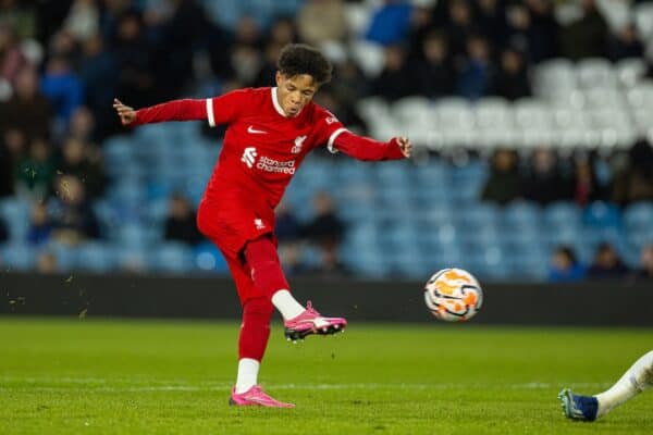 LEEDS, ENGLAND - Thursday, February 29, 2024: Liverpool's Trent Kone-Doherty scores his side's first goal to make the score 3-1 during the FA Youth Cup 5th Round match between Leeds United FC Under-18's and Liverpool FC Under-18's at Elland Road. (Photo by David Rawcliffe/Propaganda)