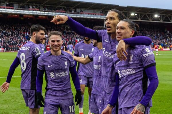 NOTTINGHAM, ENGLAND - Saturday, March 2, 2024: Liverpool's Darwin Núñez celebrates after scoring the winning goal in the ninth minute of injury time during the FA Premier League match between Nottingham Forest FC and Liverpool FC at the City Ground. (Photo by David Rawcliffe/Propaganda)