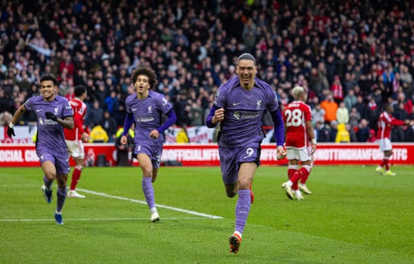 NOTTINGHAM, ENGLAND - Saturday, March 2, 2024: Liverpool's Darwin Núñez celebrates after scoring the winning goal in the ninth minute of injury time during the FA Premier League match between Nottingham Forest FC and Liverpool FC at the City Ground. (Photo by David Rawcliffe/Propaganda)