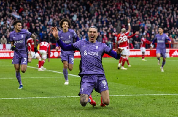 NOTTINGHAM, ENGLAND - Saturday, March 2, 2024: Liverpool's Darwin Núñez celebrates after scoring the winning goal in the ninth minute of injury time during the FA Premier League match between Nottingham Forest FC and Liverpool FC at the City Ground. (Photo by David Rawcliffe/Propaganda)