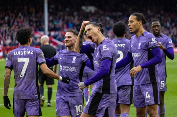 NOTTINGHAM, ENGLAND - Saturday, March 2, 2024: Liverpool's Darwin Núñez celebrates after scoring the winning goal in the ninth minute of injury time during the FA Premier League match between Nottingham Forest FC and Liverpool FC at the City Ground. (Photo by David Rawcliffe/Propaganda)